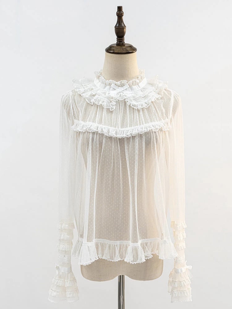 White Ruffle Neckline Sheer Long Sleeves Blouse