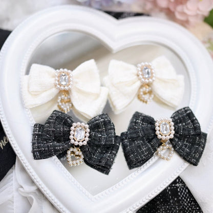 Jirai Kei White/Black Rhinestone and Beaded Heart Bowknot Hairclips