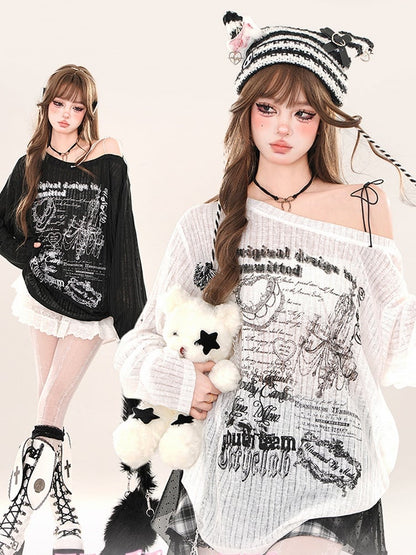 Black/White Asymmetrical Neckline Loose Fit Printed Top