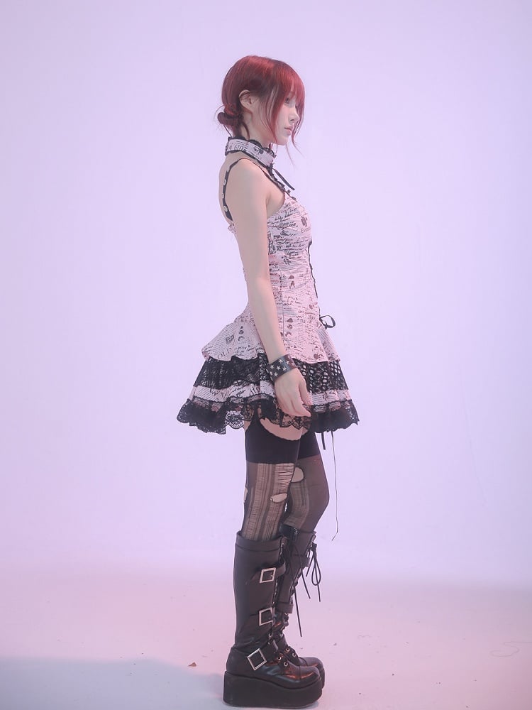 Robe punk rock rose sans manches à imprimé dentelle
