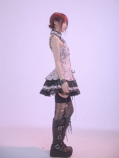 Robe punk rock rose sans manches à imprimé dentelle