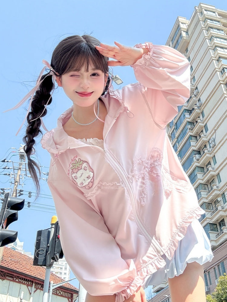 Spitze Yume Kawaii Rosa Erdbeere Applique Jacke Bowknot Sonnenschutz Mit Kapuze