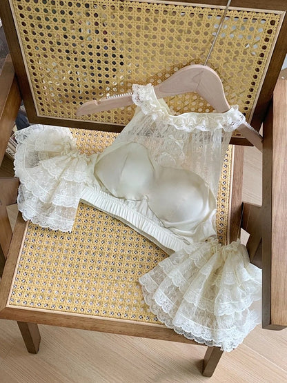 Detachable Neck Beige Flutter Sleeves with Lace Cropped Halter Top