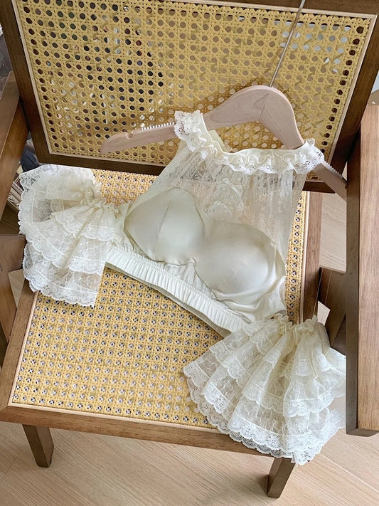 Detachable Neck Beige Flutter Sleeves with Lace Cropped Halter Top
