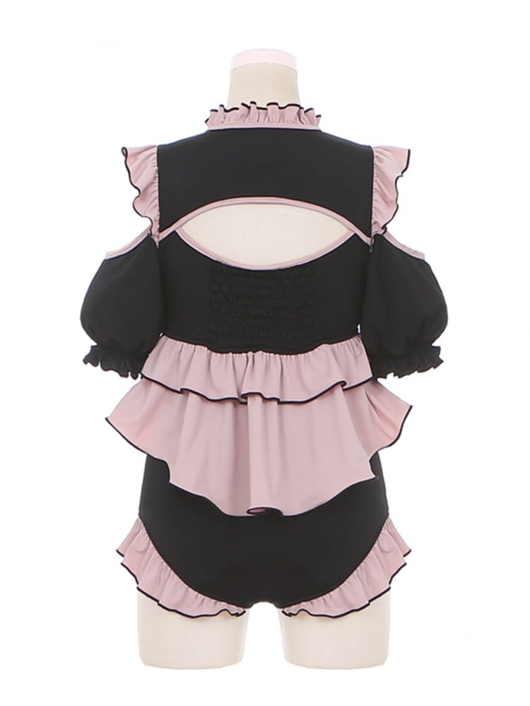 Black Pink Cutout Puff Sleeves Swimsuit