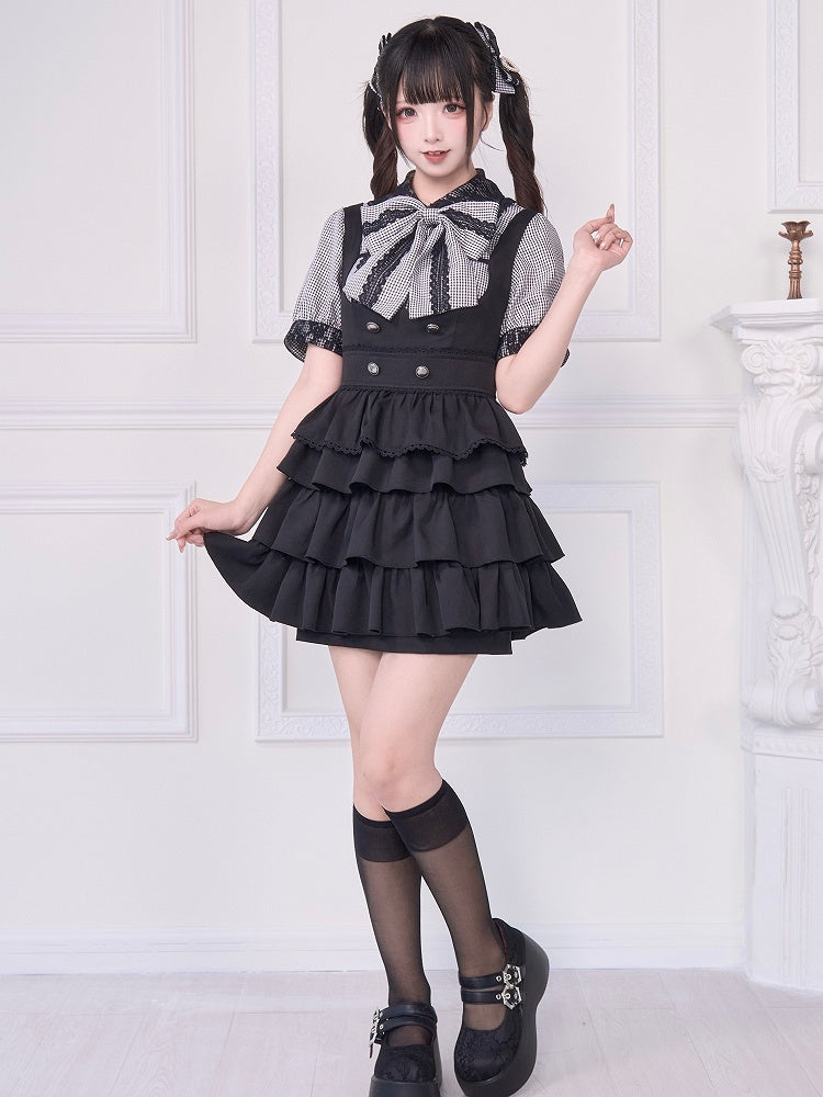 Short Sleeves Blouse with Bowknot Brooch Jirai Kei Plaid Black Lace Trim