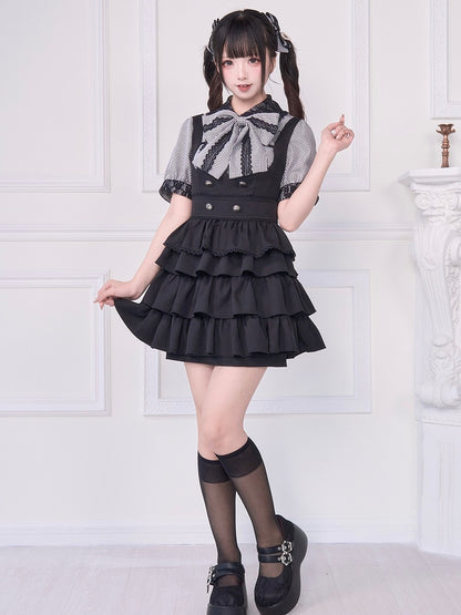 Short Sleeves Blouse with Bowknot Brooch Jirai Kei Plaid Black Lace Trim