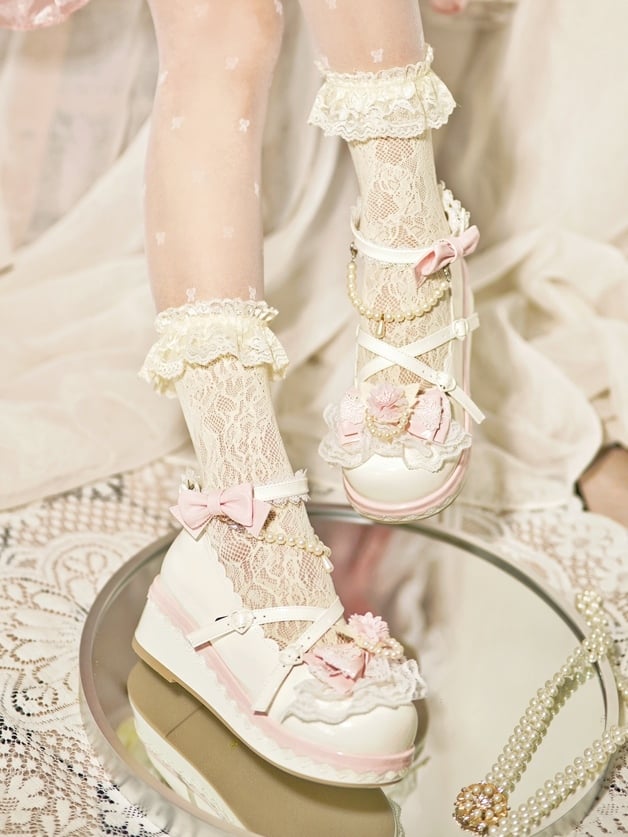 at Design Bow Trim White Chain Heart Platforms Beaded Buckle With Floral Top Detachable Lace