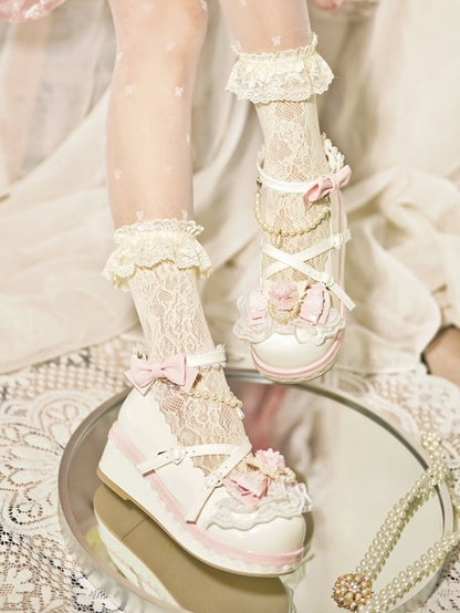 at Design Bow Trim White Chain Heart Platforms Beaded Buckle With Floral Top Detachable Lace