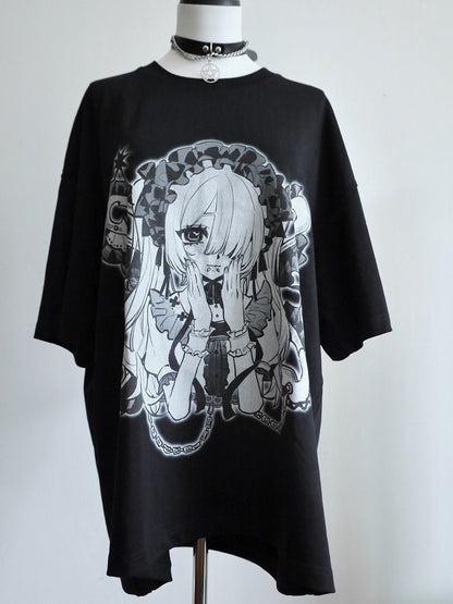 Hals SchwarzWeiß Kei Jirai Runddruck Cartoon Mädchen T-Shirt