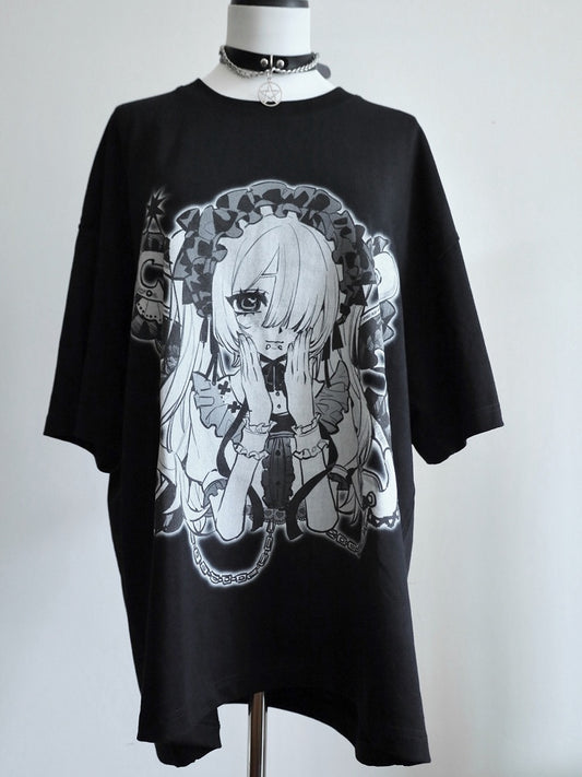 Hals SchwarzWeiß Kei Jirai Runddruck Cartoon Mädchen T-Shirt