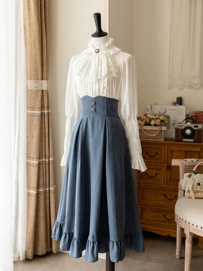 Elegant Dusty Blue Waistcoat Boned High Waist Skirt