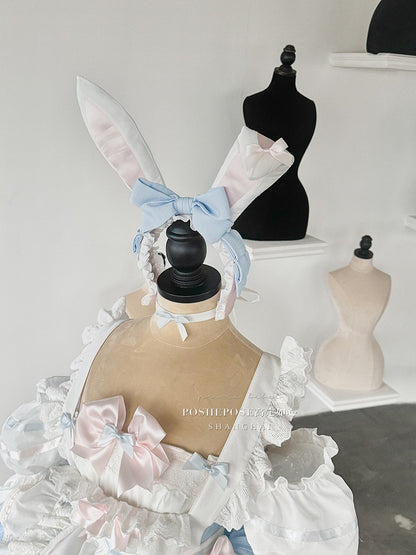 Blue and Pink Sweet Maid Apron + Basque Waist Tiered Ruffles Hem Strapless Puffy Dress