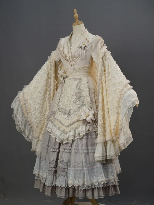 Ensemble complet Lolita JSK classique élégant avec patte de boutonnage sur le devant violette et broderie de lys, rose, mode maison