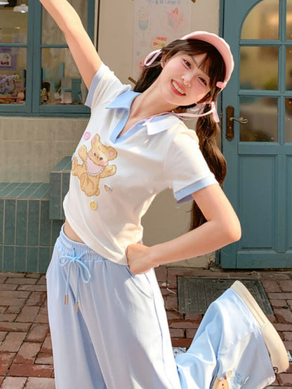 Version Bear Print Apple and Heart Buttons T-Shirt V-neck White Short