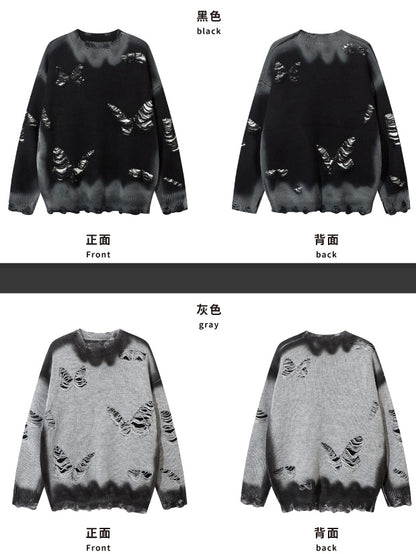 Y2K Black/Grey Butterfly Shaped Distressed Holes Round Neck Sweater