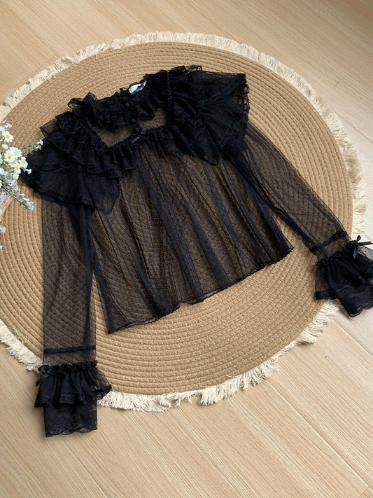 Sheer Lace Dots Black Tulle Top Long Sleeves