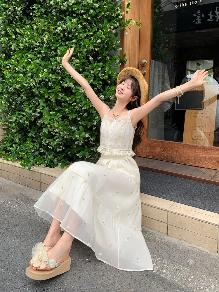 Tulle Skirt Kei Beige Elastic Waist Floral Embroidery Mori