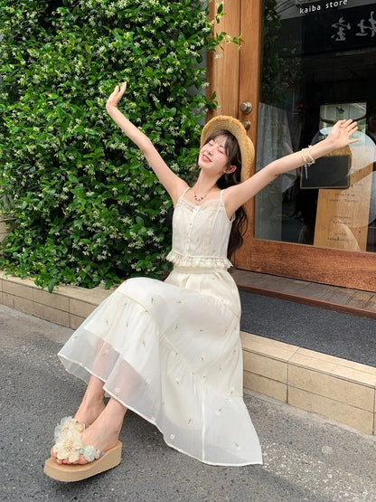 Tulle Skirt Kei Beige Elastic Waist Floral Embroidery Mori