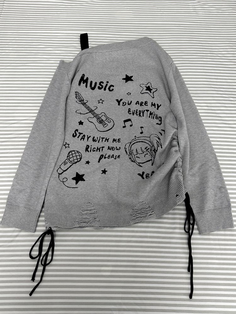 Grey Guitar Girl Asymmetrical Neckline Loose Sweater Drawstring Detail