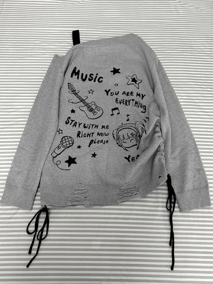 Grey Guitar Girl Asymmetrical Neckline Loose Sweater Drawstring Detail