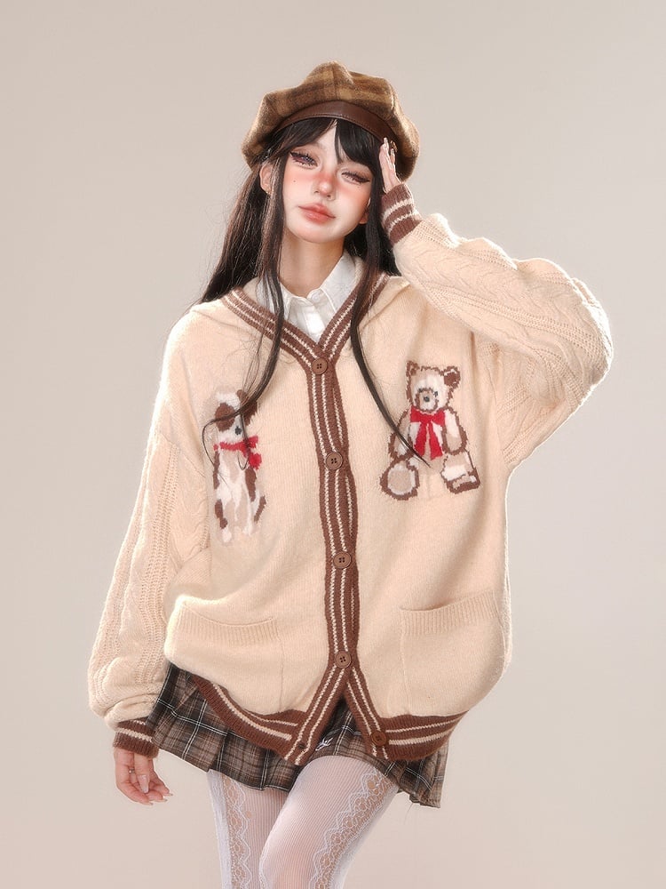 Khaki Apricot Cute Bear Pattern Hooded Cardigan