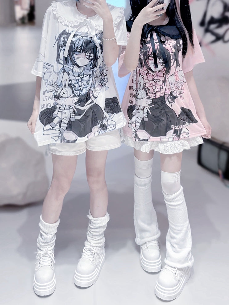 Dark with Cute Pan Anime Kawaii Detachable Yami Collar Print / Peter T-shirt: Cotton White Pink