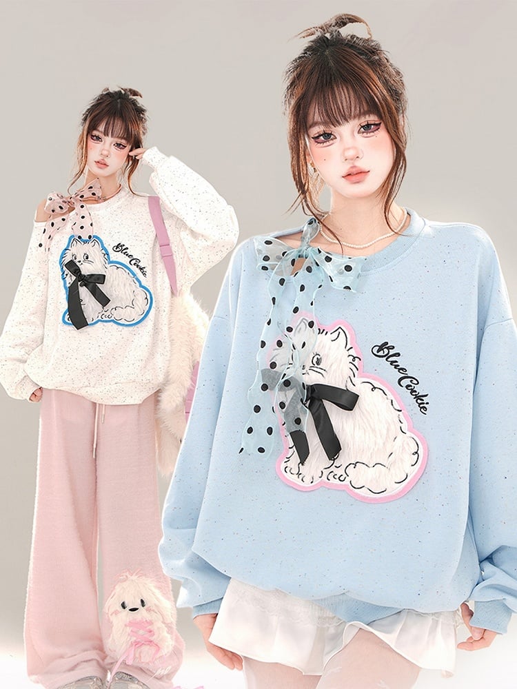 White/Blue Cute Kitty Applique Cutout Shoulder Sweatshirt Self-tie Ribbon