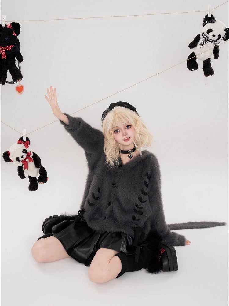Dark Grey Lace-up Detail Bunny Ears Fluffy Hooded Cardigan