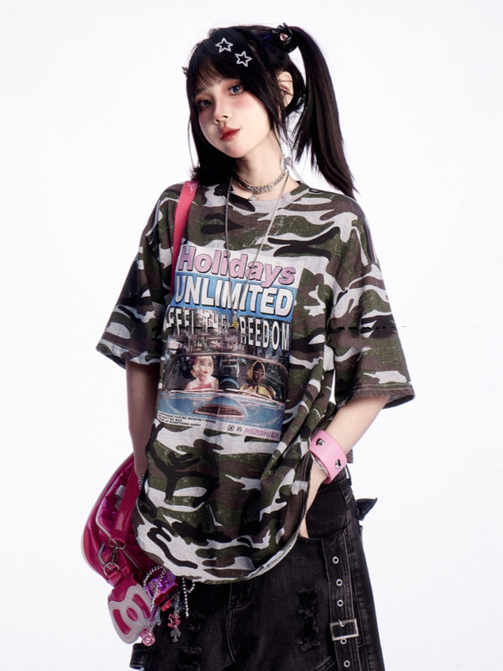 Camouflage Rundhals Buchstabendruck Vintage Loses T-Shirt