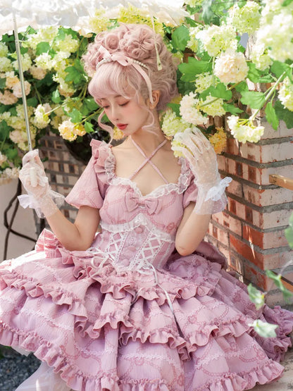 Dress Big Lolita OP Princess Corset Pink Skirt Ruffle Waist with