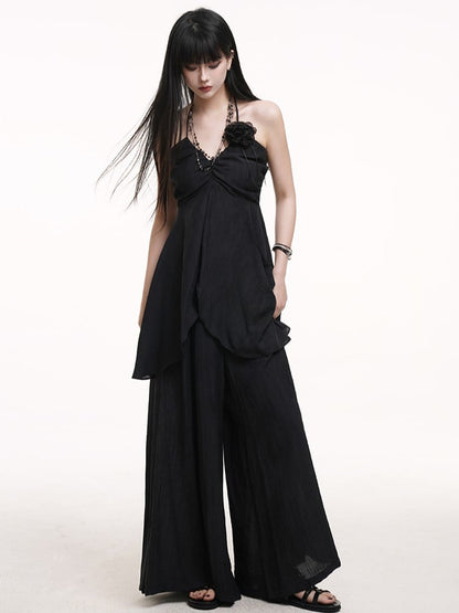Top Bust Detail Ruched with Slit Cami Center Gothic Black Halter