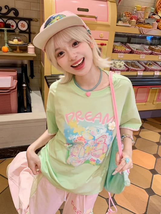 Lockeres T-Shirt Akzente Grün Rundhals Teddybär Print Strick Blumen