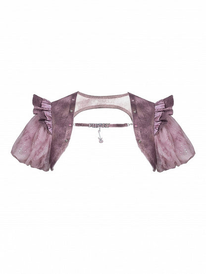 Puff Glitter Rhinestone Denim Punk Y2K Sleeves Pastel Lettering Pink Shrug Detachable with