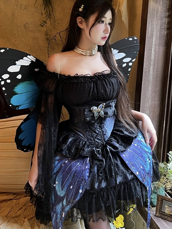 Corset + jupe à ailes de papillon féeriques bleu nuit scintillantes sous la poitrine