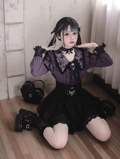 Kei Collar Gothic Black and Style Pointed Blouse: Dark Purple Cutouts with Royal Lace Jirai