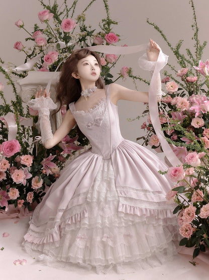 Rosette Light Pink Elegant Wedding Hanayome Lolita Jumper Skirt + Underskirt
