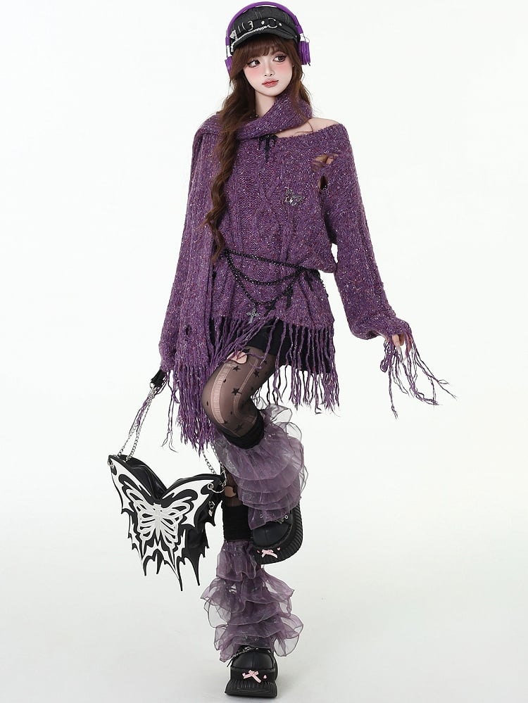 Distressed Holes Fringe Hem Purple Sweater with Free Sacrf