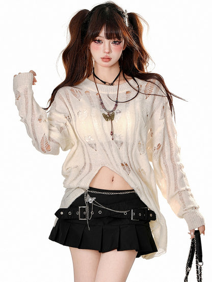 Apricot Heart Shaped Distressed Holes Sweater with Shredded Hem