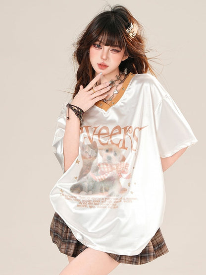 Print And Letter T-shirt V-Neck Cat Puppy Pink/Beige
