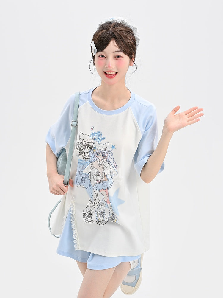 Light Blue Design Anime Girl Print T-Shirt Colorblock Short/Long Version