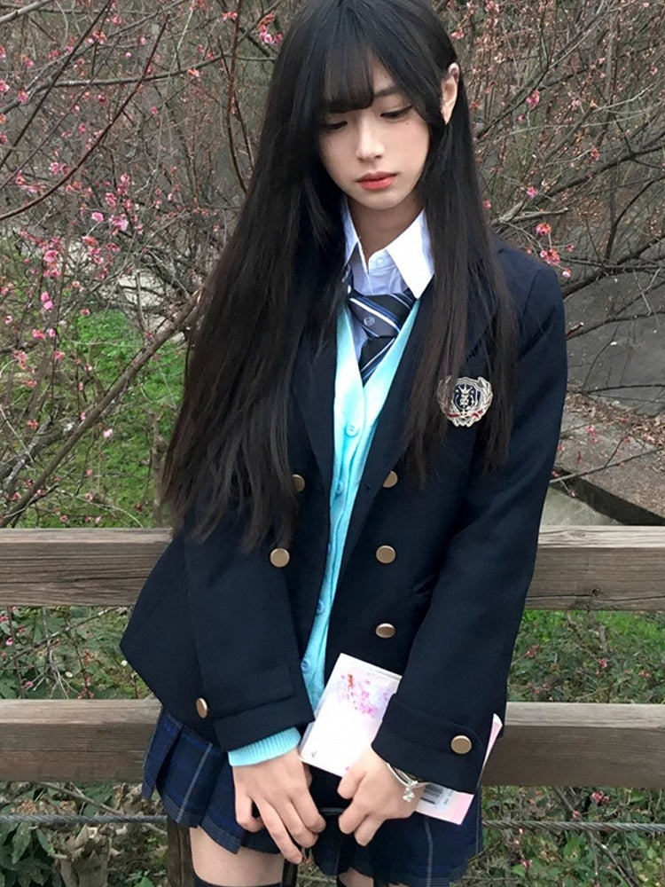 Blue JK Decorated Badge Uniform Dark Preppy Blazer Style