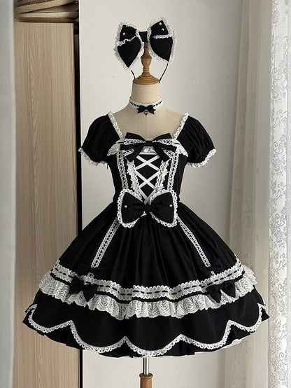 Lolita Sleeves Black Old Short Neckline School Piece Puff Square One and Dress Cotton