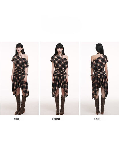 Hem Black Asymmetric Red Flounce Ruched with Apricot Neck Dress Plaid