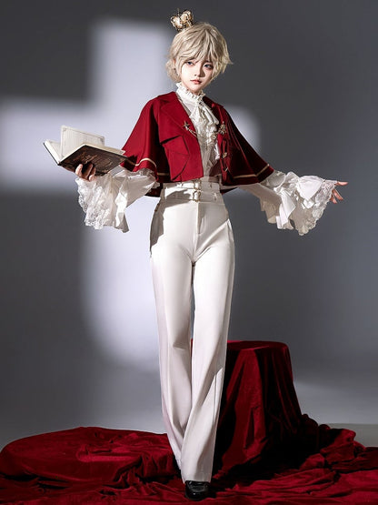 Pantalon Lolita taille haute blanc Ouji Fashion avec deux ceintures