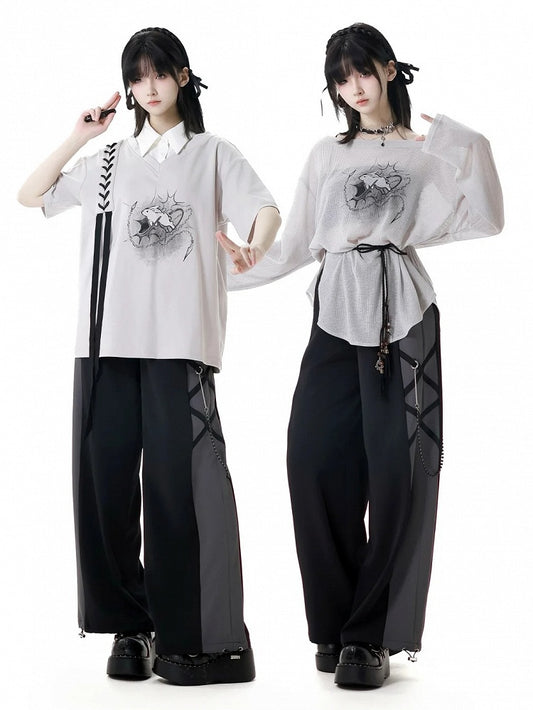 Three Set Strap Bunny Print Coverup+Cami Top +Self-tie Gray Off-the-shoulder Pieces