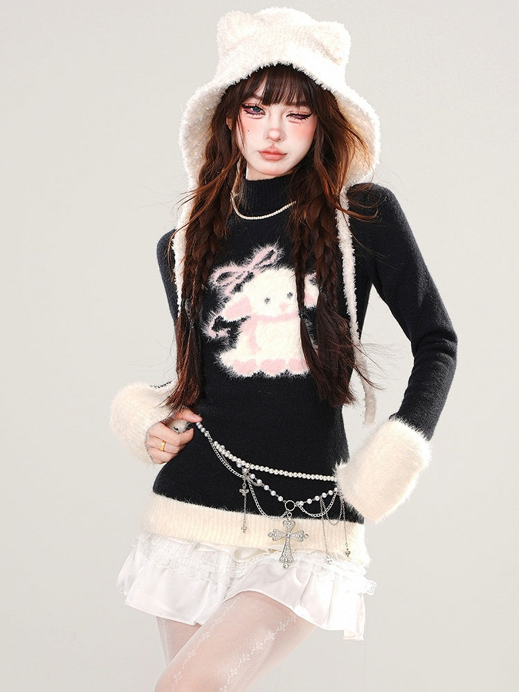 Black Cute Lamb Pattern Mock Neck Slim-fit Sweater