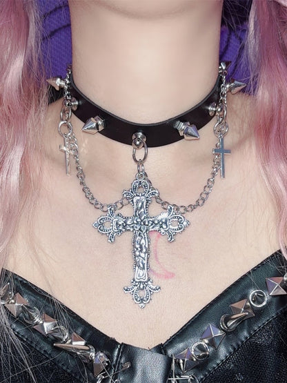 Y2K Punk Crosses Pendant Black Studs Choker