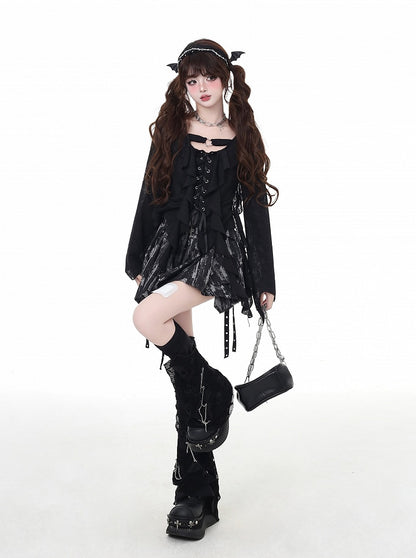 Asymmetrical Ruffled Placket Hem Chiffon Top Pink Lace-up Black/Light