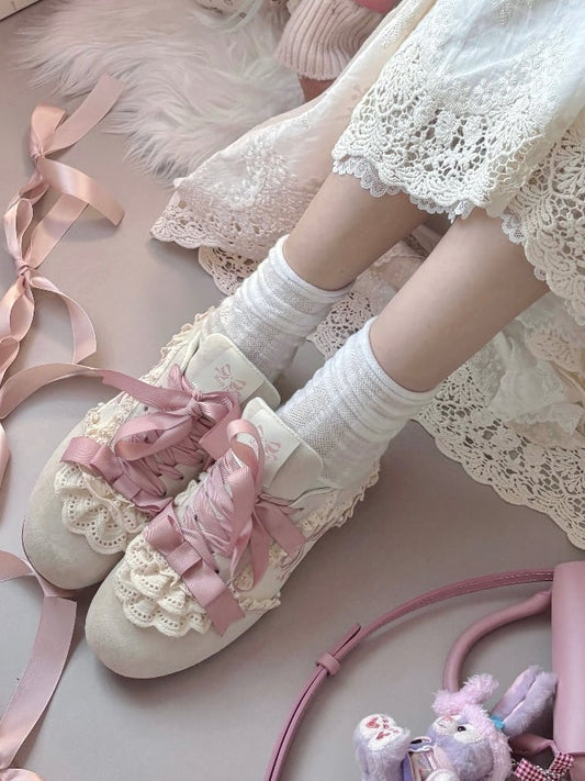 Trim Lolita Front Sneakers Schnür-Balletcore Süße rosa Spitzenbänder